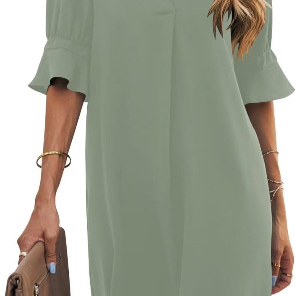 Shift Dress for Women V Neck Short Sleeves Solid Color Casual Flowy Summer Dress